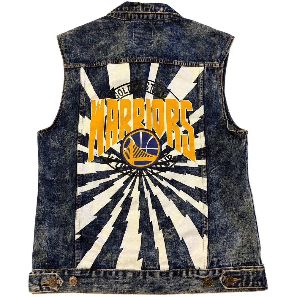 NBA Golden State Warriors Acid Wash Denim Vest Mens Large Blue Patches Graphic